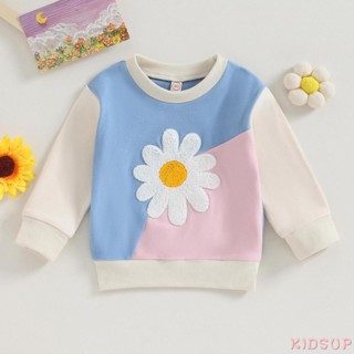 Kidsup1 เสื้อกันหนาวแขนยาว คอกลม ลายดอกไม้ สีตัดกัน ให้ความอบอุ่น แฟชั่นฤดูหนาว สําหรับเด็กผู้หญิง