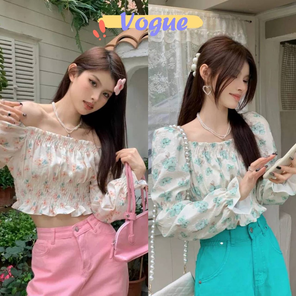 Vogue🌟พร้อมส่ง🌟 เสื้อแขนยาวเปิดไหล่ลายดอกไม้ ผ้าชีฟอง (72031) -C