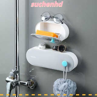 Suchenhd ที่วางสบู่ แบบติดผนัง ABS สีเทา สร้างสรรค์ พร้อมฝาปิด ระบายน้ํา กล่องเก็บของ สีดํา ห้องครัว