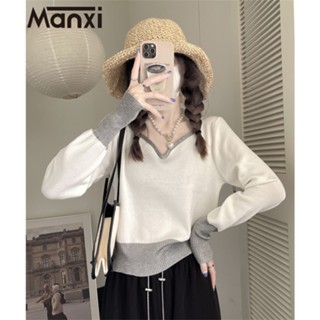 Manxi เสื้อแฟชั่นผู้หญิง เสื้อแขนยาว คลุม ไหมพรม ครอปเสื้อแขนยาว 36Z230908