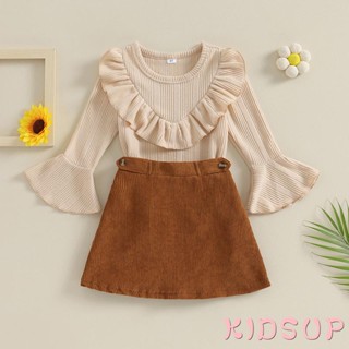 Kidsup1 ชุดเสื้อแขนยาว คอกลม และกระโปรงผ้าลูกฟูก สีพื้น สําหรับเด็กผู้หญิง 2 ชิ้น