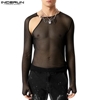 Incerun เสื้อยืดซีทรู แขนยาว ตาข่ายสปาเก็ตตี้ สไตล์วินเทจ สําหรับผู้ชาย