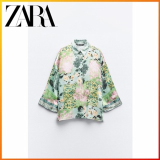 Zara ใหม่ เสื้อเชิ้ต ผ้าเดรป พิมพ์ลายดอกไม้ สําหรับผู้หญิง