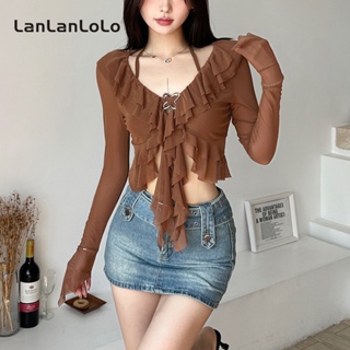 Lanlanlolo เสื้อครอปลําลอง แขนยาว คอสี่เหลี่ยม สีพื้น เซ็กซี่ สําหรับผู้หญิง 2023