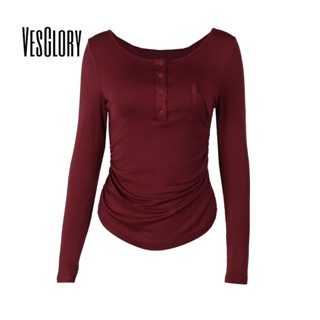 Vesglory เสื้อครอปท็อปแขนยาว คอกลม ทรงสลิมฟิต สีพื้น แฟชั่นสําหรับผู้หญิง 2023