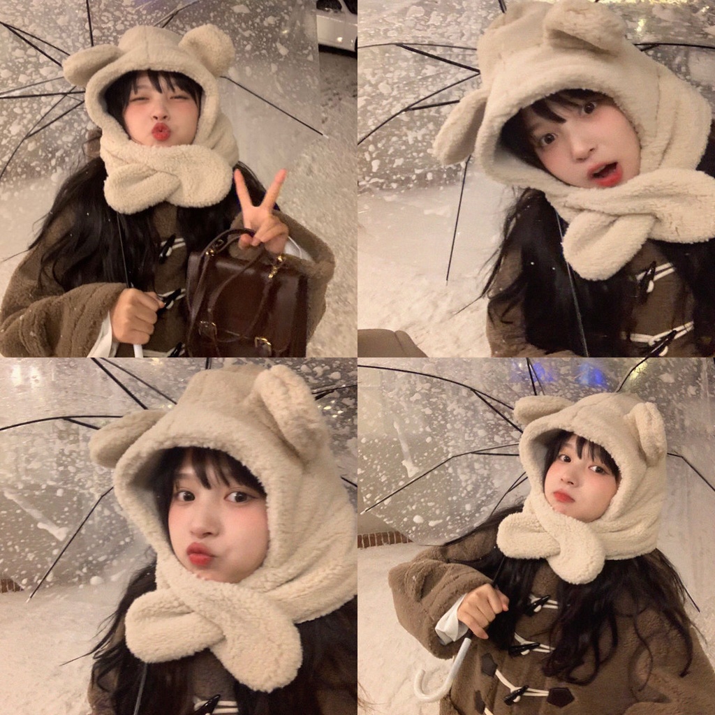หมวกผ้าพันคอ ผ้ากํามะหยี่ขนนิ่ม ให้ความอบอุ่น แฟชั่นฤดูหนาว สําหรับผู้หญิง