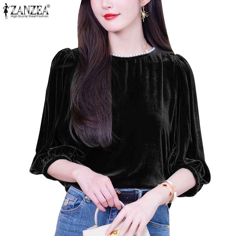 Zanzea เสื้อเบลาส์ ผ้ากํามะหยี่ถัก แขน 3/4 ประดับไข่มุก สไตล์เกาหลี สําหรับผู้หญิง