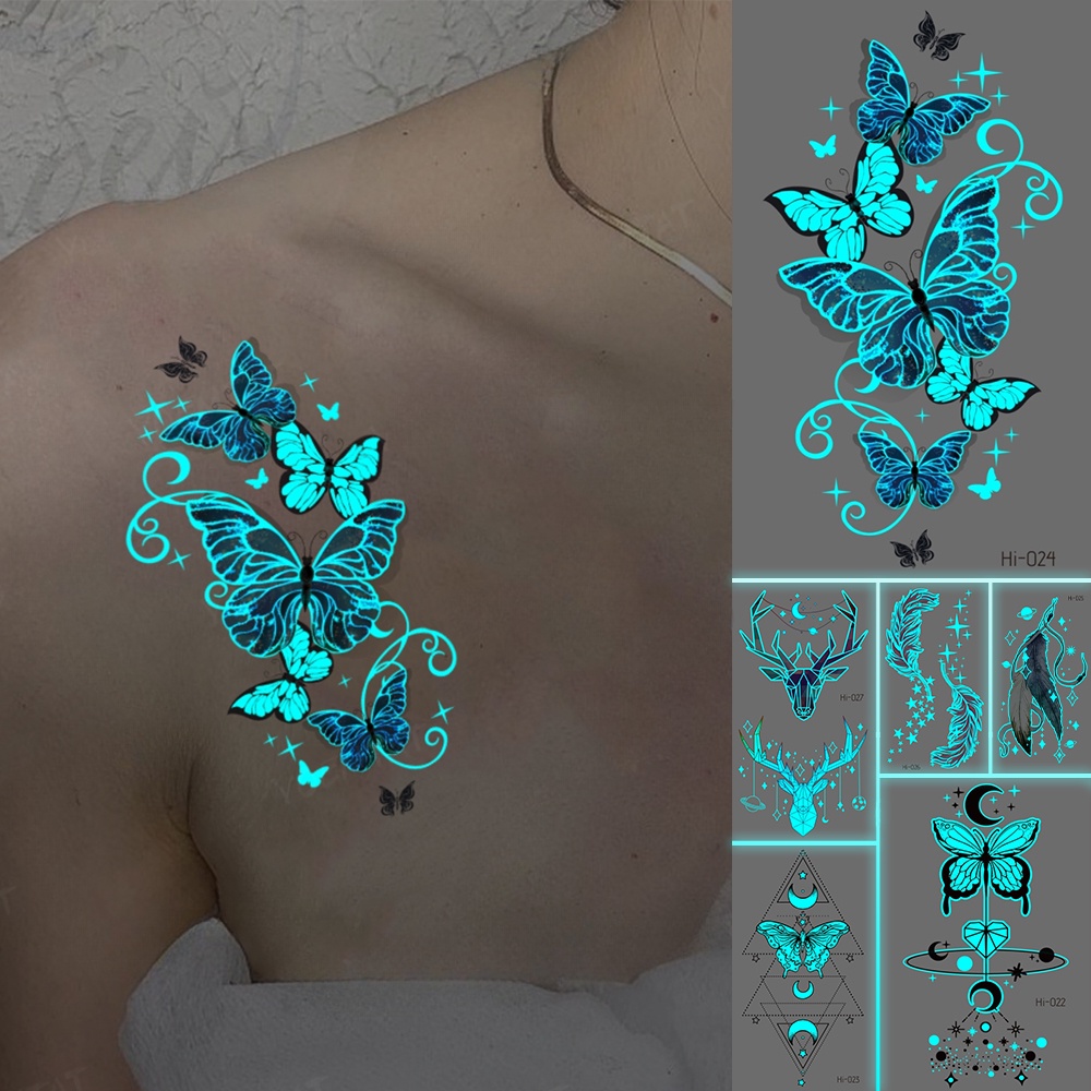 สติ๊กเกอร์เรืองแสง Body Tattoos กันน้ําชั่วคราว Glitter Tattoo สําหรับผู้ใหญ่เด็กผีเสื้อดอกไม้ไหล่ Body Tattoo Blue Glow in the Dark Party Tattoo