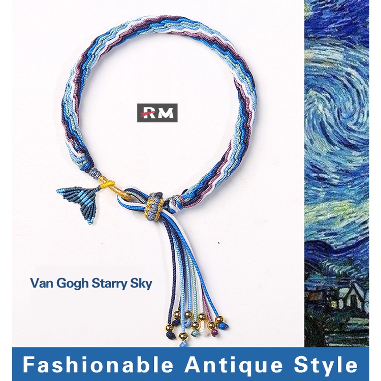 【Fashionable สไตล์โบราณ】สร้อยข้อมือนําโชค หลากสี แวนโก๊ะ ท้องฟ้ากลางคืน สร้อยข้อมือทอมือ หรูหรา ของขวัญ สําหรับเด็กผู้หญิง และผู้ชาย และคู่รัก พู่ปรับความยาวได้ Diy