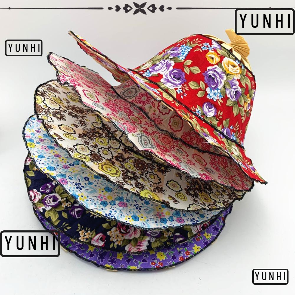 Yunhi หมวกปีกกว้าง ผ้าเรยอน ไม้ไผ่ กันแดด แบบพกพา พับได้ เครื่องประดับ แฟชั่นฤดูร้อน