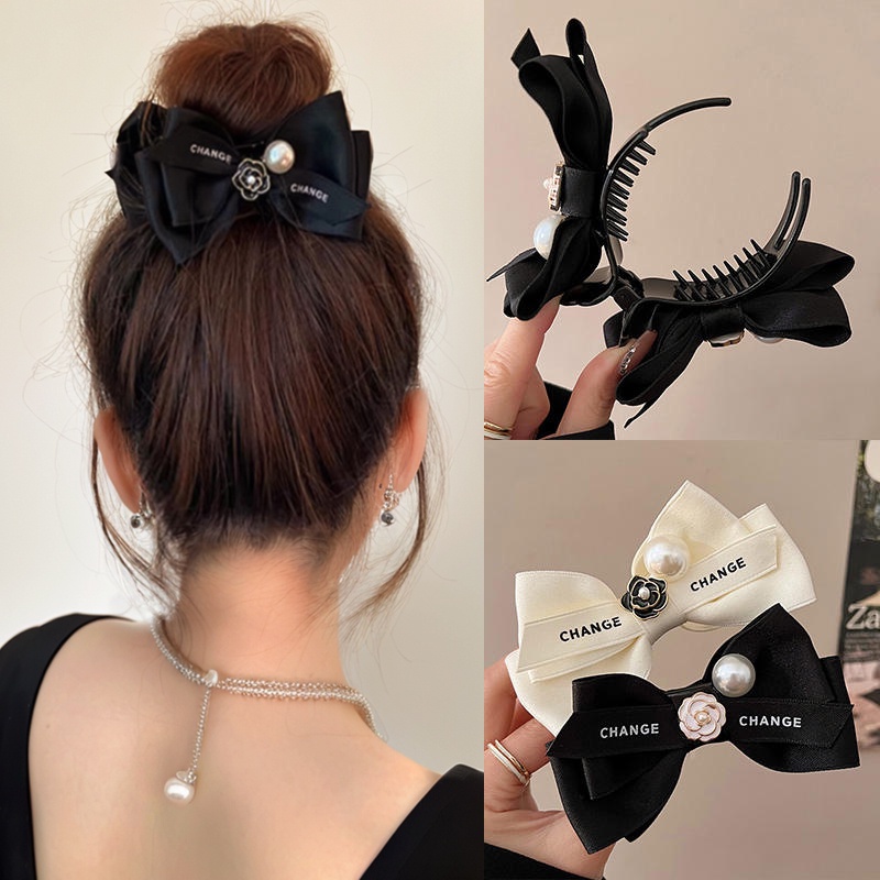 กิ๊บติดผม รูปดอกคามิเลีย ประดับโบว์ สีดํา และสีขาว แฟชั่นสําหรับผู้หญิง
