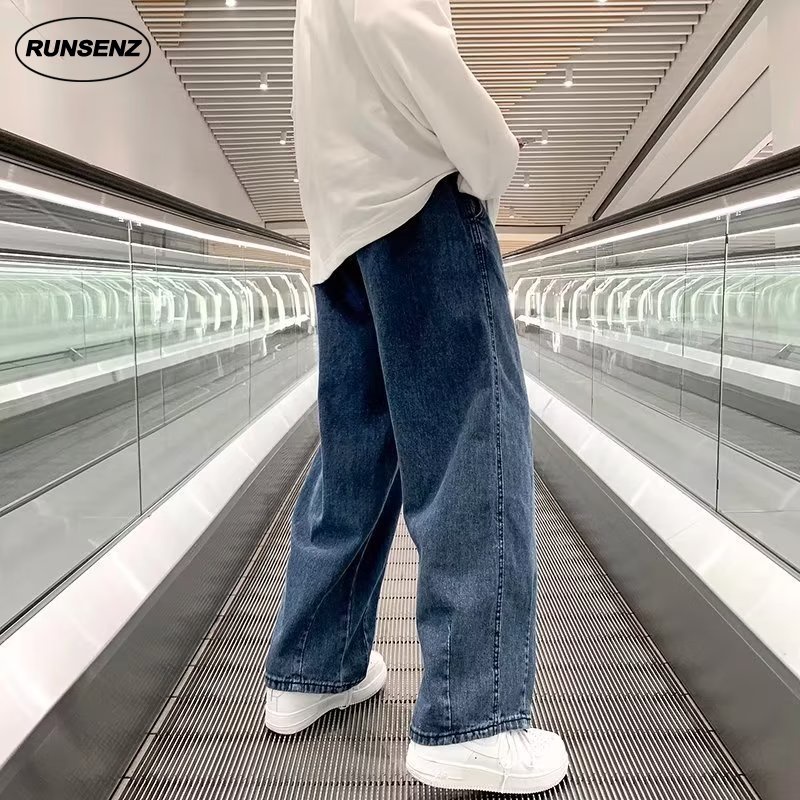 กางเกงยีนขายาวลําลอง ทรงหลวม สีฟ้า แฟชั่นเกาหลี สําหรับผู้ชาย ไซซ์ M – 5XL