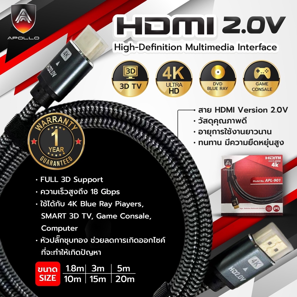 Apollo สาย HDMI Gaming Cable 4K V2.0 รุ่น APL901 1M / 1.8M / 3M / 5M / 10M  APOLLO สายจอเกมมิ่ง สายTV