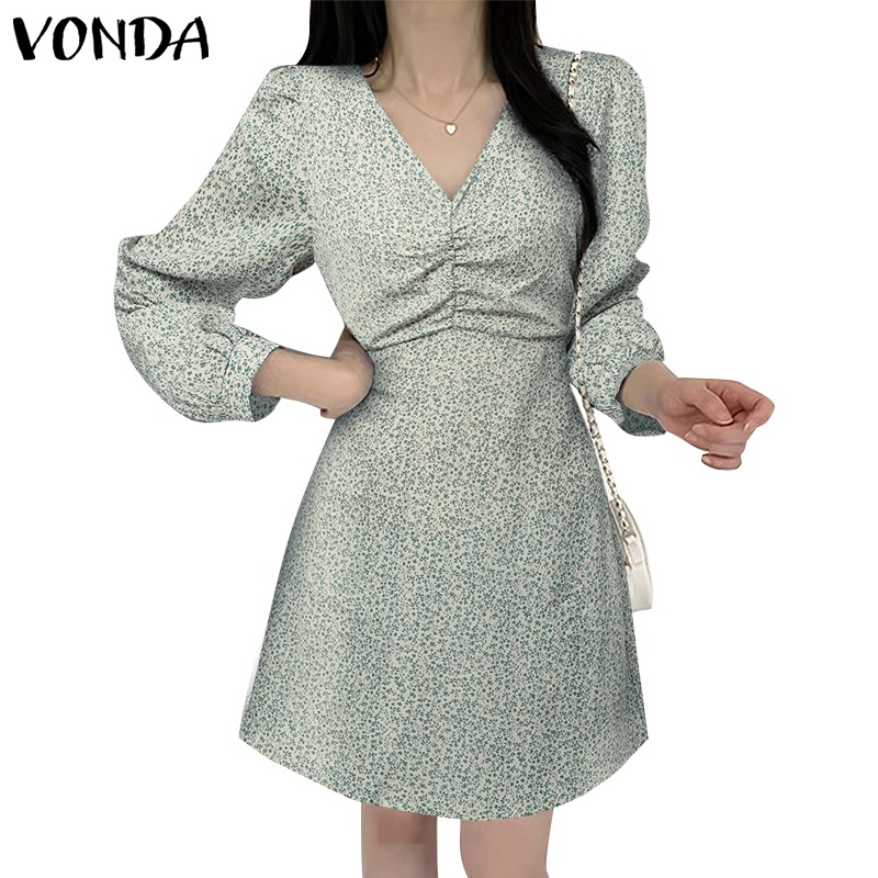 Vonda ชุดเดรสสั้น แขนยาว คอวี พิมพ์ลาย สไตล์เกาหลี สําหรับผู้หญิง