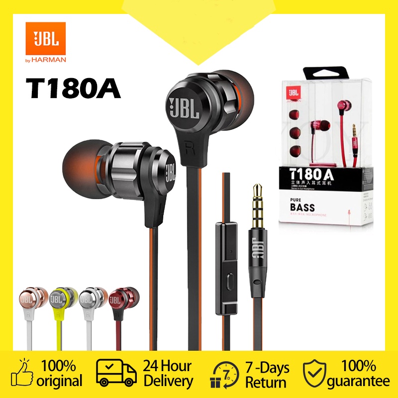 ของแท้ ชุดหูฟังอินเอียร์ JBL T180A 3.5 มม. แฮนด์ฟรี พร้อมไมโครโฟน สําหรับ Android ios