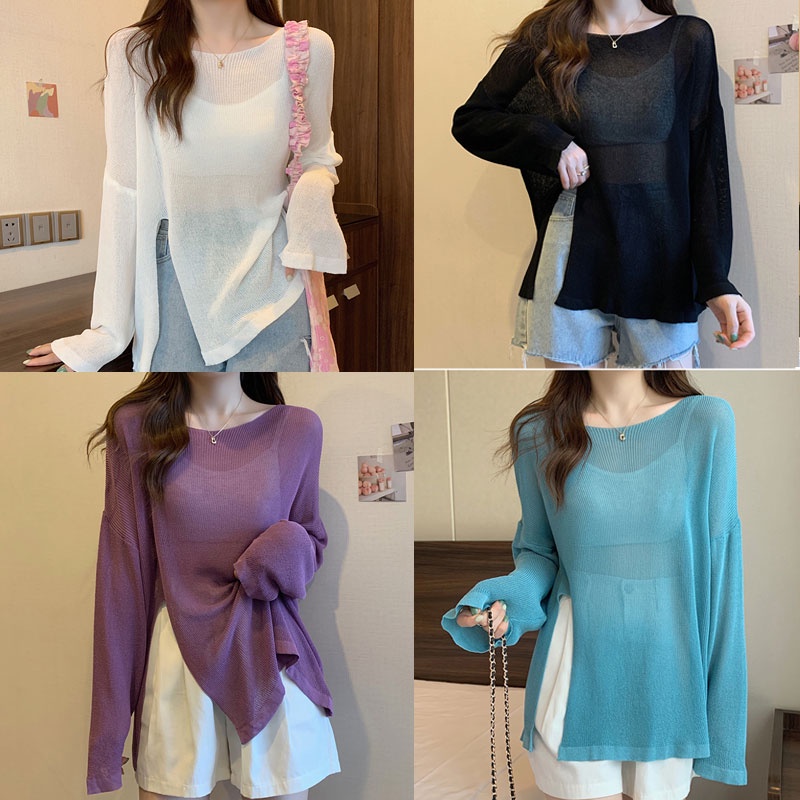 Dahong 💖เสื้อยืดแขนยาว สีพื้น เสื้อคลุมกันแดด ผ้าเรยอน แบบบาง ทรงหลวม 4 สี 81105