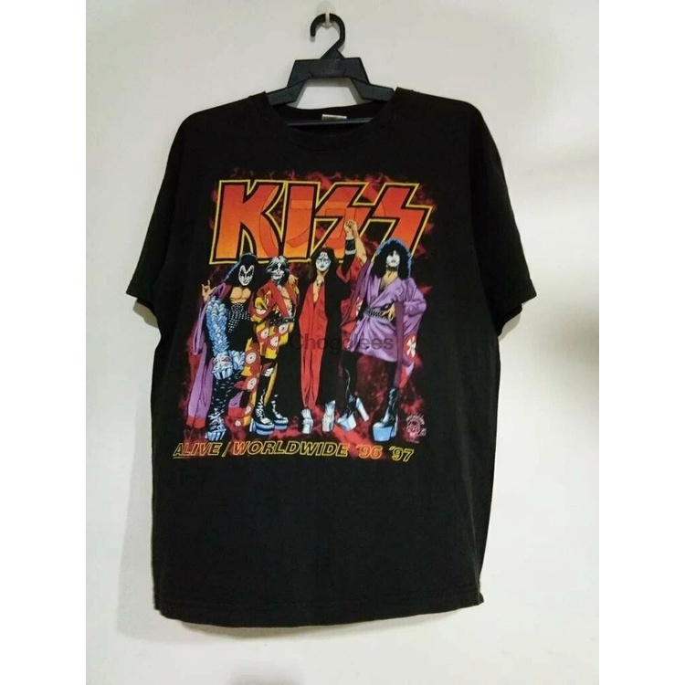 Vtg 90s KISS Band Alive Worldwide 96 97 Rock Japan เสื้อยืดผู้ชายขนาด S-5XL A48...