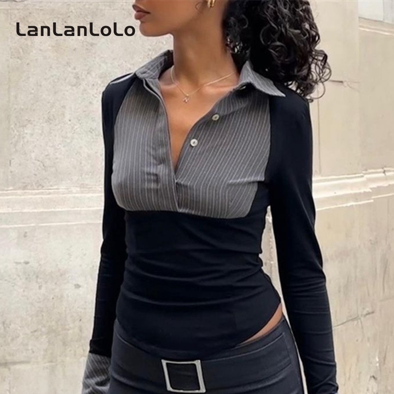 Lanlanlolo เสื้อท็อปแขนยาวลําลอง คอปก แต่งกระดุม สีพื้น เข้ากับทุกการแต่งกาย แฟชั่นเรียบง่าย สําหรับผู้หญิง 2023