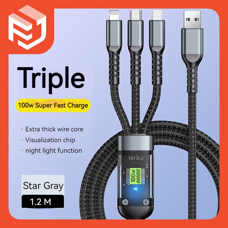 สายชาร์จเร็ว 100W สายเคเบิลข้อมูลไนลอนสําหรับ iPhone TypeC MicroUSB