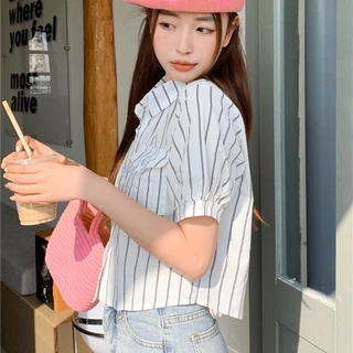 🌻Lune_Grace🌻W264#เสื้อเชิ้ดแขนสั้นลาายทางวินเทจสำหรับผู้หญิง คอปกตัวสั้น
