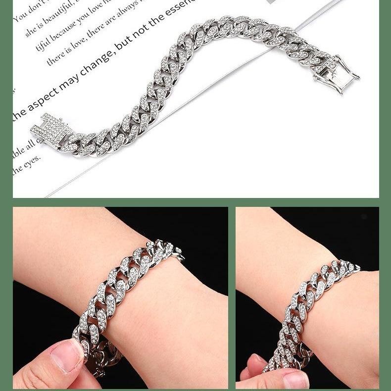 AA27 สร้อยข้อมือสแตนเลส ฝังเพรชโซ่คิวบา 12 mm.เพชรเต็มสไตล์ฮิปฮอป