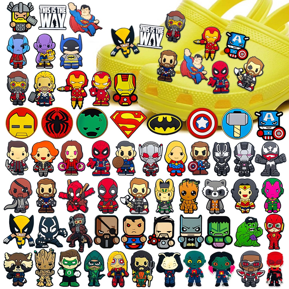 การ์ตูน Iron Man Marvel รองเท้า Charms กัปตันอเมริกา Jibbits สําหรับออกแบบ Pins Hulk Spideman Jibitz Charm Avengers Jibits ออกแบบสําหรับผู้หญิงรองเท้าตกแต่ง
