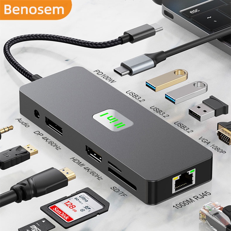 Benosem HDMl 2.0 11 in 1 ฮับ USB C MST HDMl DP 4K 60Hz VGA พร้อม USB 3.2 1000Mbps RJ45 Gigabit Lan 1