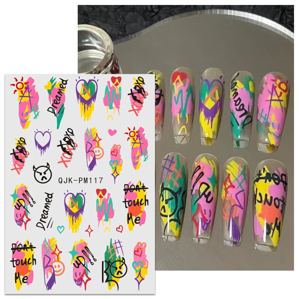 HAMA เล็บเล็บสติกเกอร์ขายส่ง Street Graffiti สไตล์เล็บสติกเกอร์ที่มีสีสัน Art Graffiti สีน้ําตกแต่งเล็บสติกเกอร์ Decals ราคา ถูกที่สุด ดีลบีเคเค แกลเลอรีภาพที่ 5