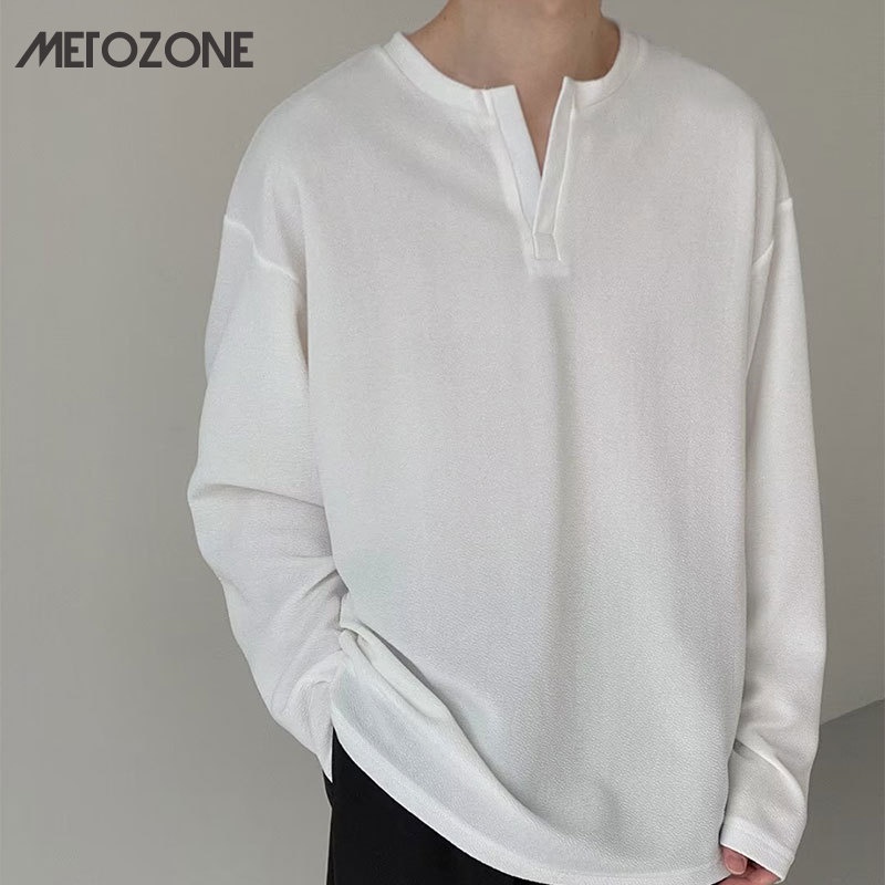 Metozone เสื้อแขนยาว คอวี ทรงหลวม ขนาดเล็ก สีพื้น สไตล์เรโทร