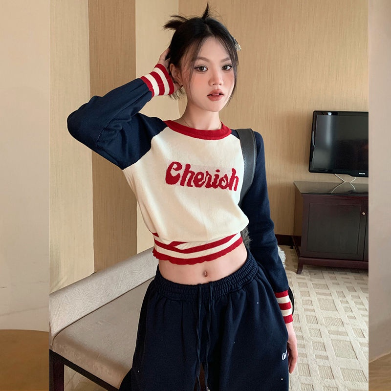 เสื้อกันหนาวแขนยาว ตัวสั้น สไตล์อเมริกันเรโทร สําหรับผู้หญิง
