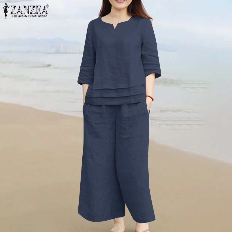 Zanzea ผู้หญิง วินเทจ แยกแขน กระเป๋าลําลอง ยางยืด เอว แถบ ลายทาง เสื้อ กางเกง — صورة 5