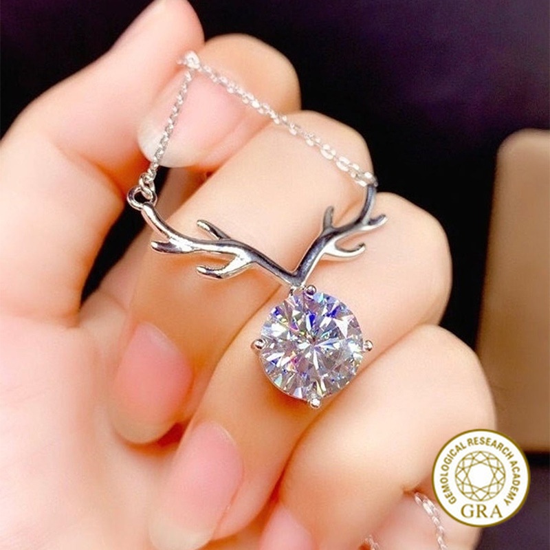 [ใบรับรอง GRA ฟรี] S925 Moissanite Silver Elk Horn จี้สร้อยคอสําหรับผู้หญิง