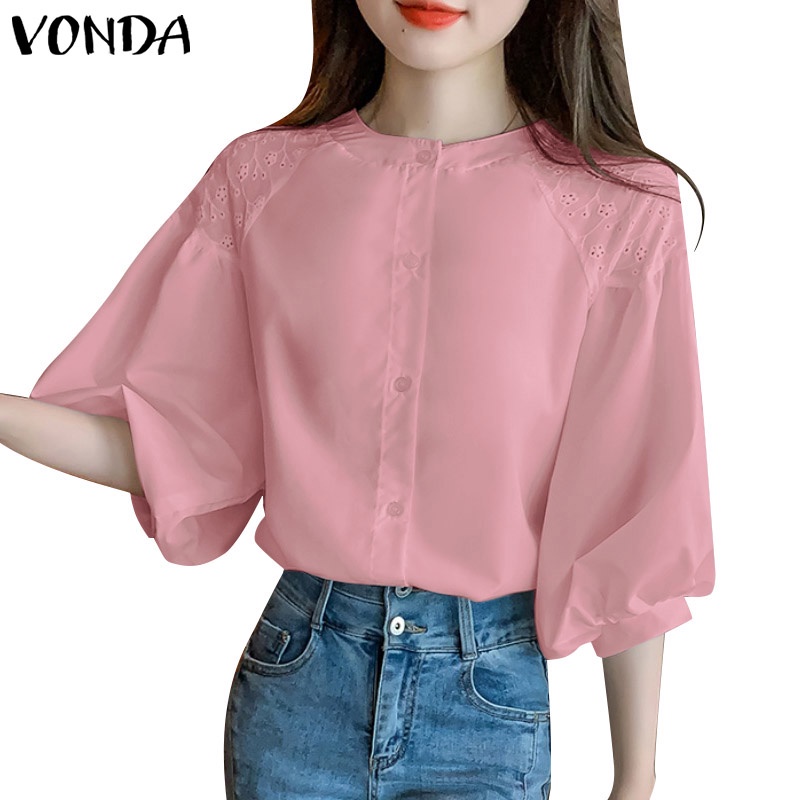 Vonda เสื้อเชิ้ตแขนพัฟลําลอง คอปกตั้ง สีพื้น สไตล์เกาหลี สําหรับผู้หญิง