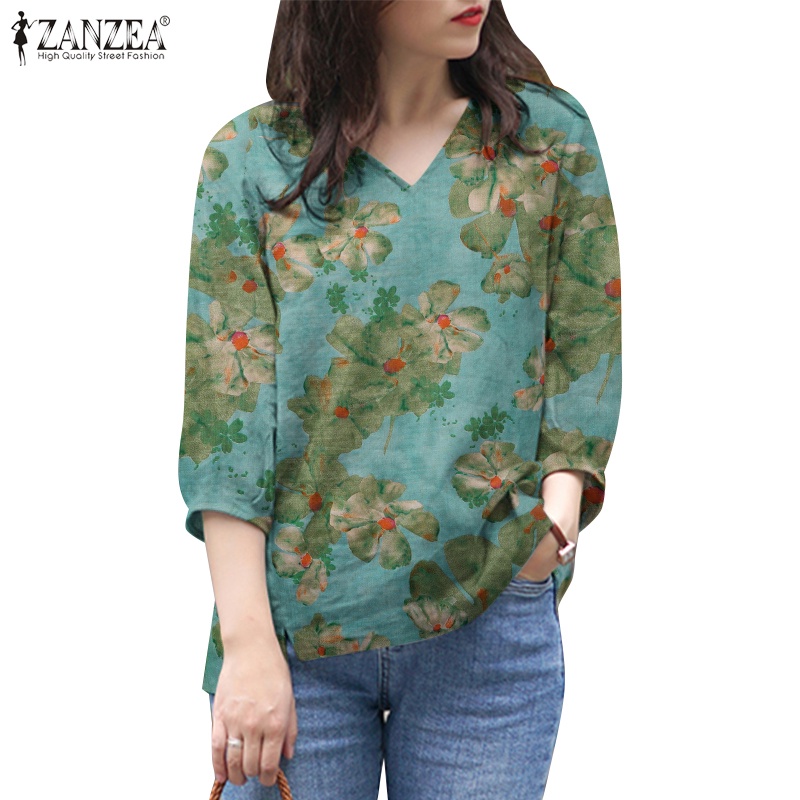 Zanzea เสื้อเบลาส์ คอวี แขนสามส่วน พิมพ์ลาย สไตล์เกาหลี สําหรับผู้หญิง