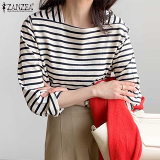 Zanzea เสื้อยืดลําลอง แขนยาว คอสี่เหลี่ยม ลายทาง สไตล์เกาหลี…