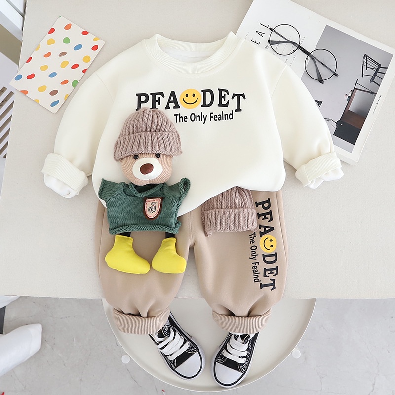 เสื้อกันหนาวแขนยาว ผ้าฝ้าย แบบหนา สีพื้น พร้อมกางเกง สําหรับเด็กผู้ชาย และเด็กผู้หญิง จํานวน 2 ชิ้น