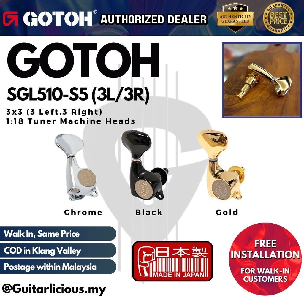 GOTOH SGL510 อัตราทดเกียร์ 1:18 เกียร์ปิดผนึก 3x3 (3L,3R) หัวเครื่องจูนเนอร์ Peg ( SGL510 / SGL-510 