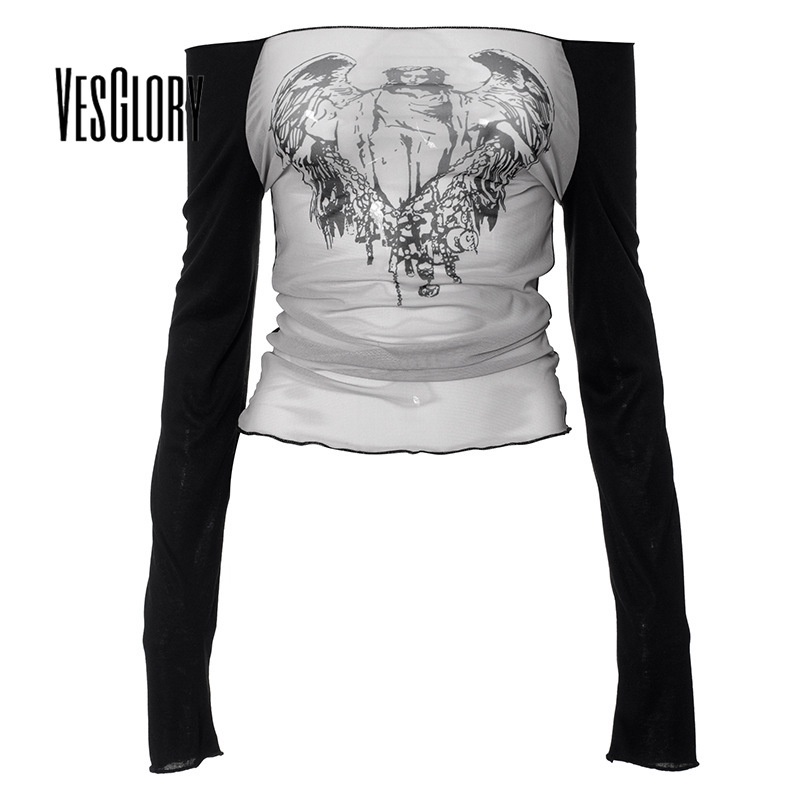 Vesglory ใหม่ เสื้อครอปท็อป แขนยาว เปิดไหล่ เปลือยหลัง เข้ารูป พิมพ์ลาย สีตัดกัน แฟชั่นสําหรับผู้หญิง 2024