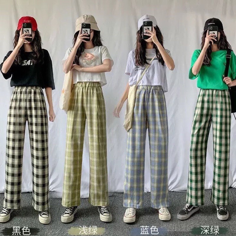 30สี กางเกงลายสก็อต สไตล์เกาหลี ผู้หญิงเอวสูงยางยืด โอเวอร์ไซต์ทรงกระบอก #355