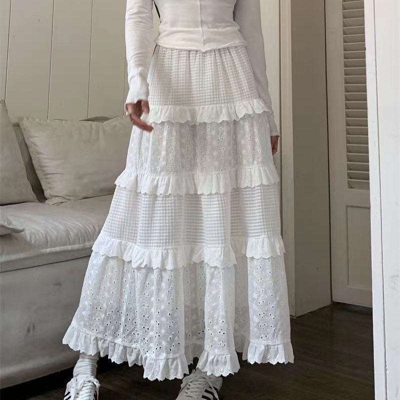 (จัดส่งจากประเทศไทย) กระโปรงระบายสีขาวกลวงแฟชั่นใหม่ ชุดเดรสเค้กลูกไม้ผู้หญิง 069