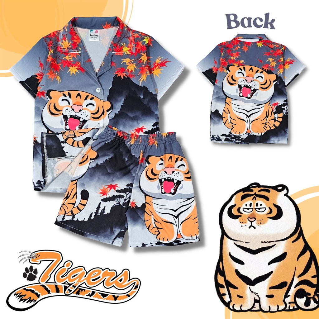 TG0918#3 ชุดเด็ก เซ็ตเสื้อฮาวาย+กางเกงขาสั้น ผ้าไหมอิตาลี ลายเสืองอน เสืออ้วน เสื้อผ้าเด็กแฟชั่น ชุดเด็กลายการ์ตูน
