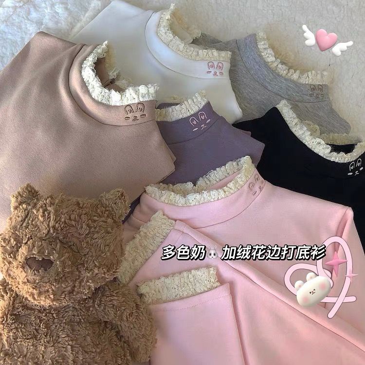 เสื้อท็อป คอปก แต่งลูกไม้ แบบนิ่ม เข้ารูป ลายกระต่ายน่ารัก แฟชั่นฤดูใบไม้ร่วง และฤดูหนาว สไตล์ญี่ปุ่น สําหรับเด็กผู้หญิง