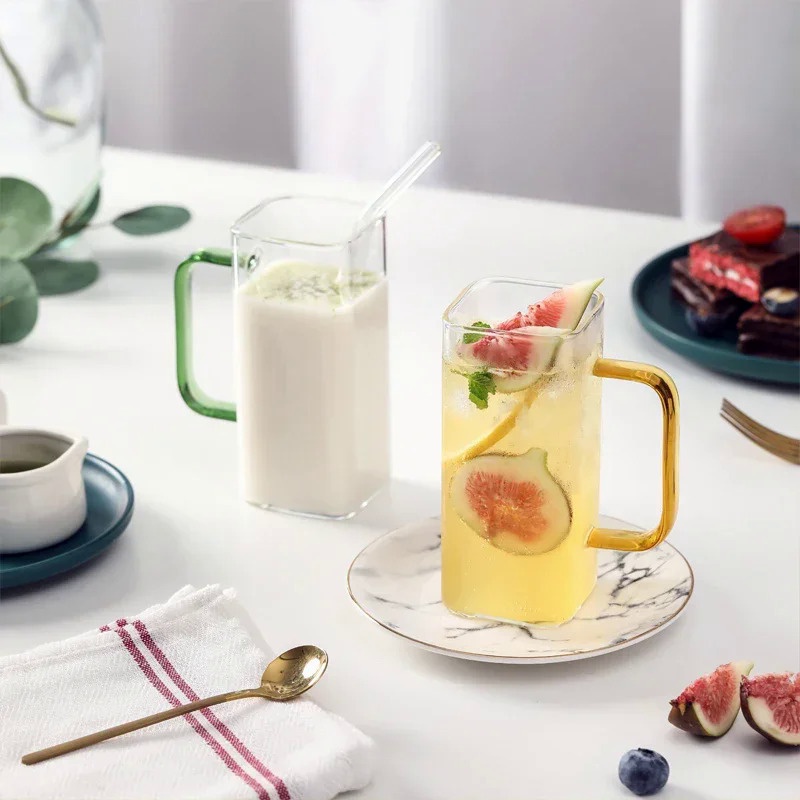 400ml Square Glass Mug Breakfast Milk Coffee Cup Microwave Safe Transparent Party Beer Mug Coffee Mu