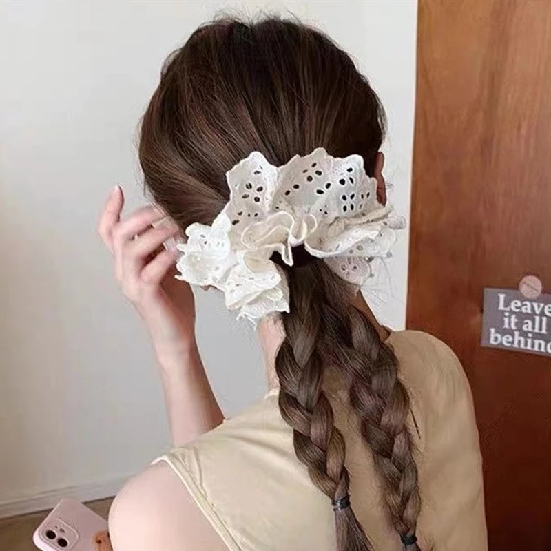 ยางรัดผมผ้าฝ้าย ลูกไม้สีขาว สไตล์เกาหลี หางม้า thumbnail 3