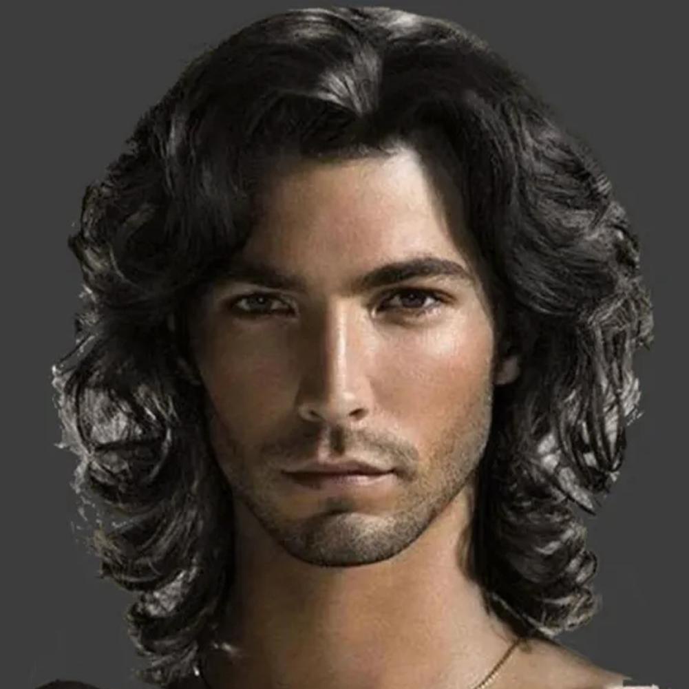 วิกผมยาวหยิก สีดํา สไตล์ร็อคเรโทร สําหรับผู้ชาย 1 ชิ้น X2V1