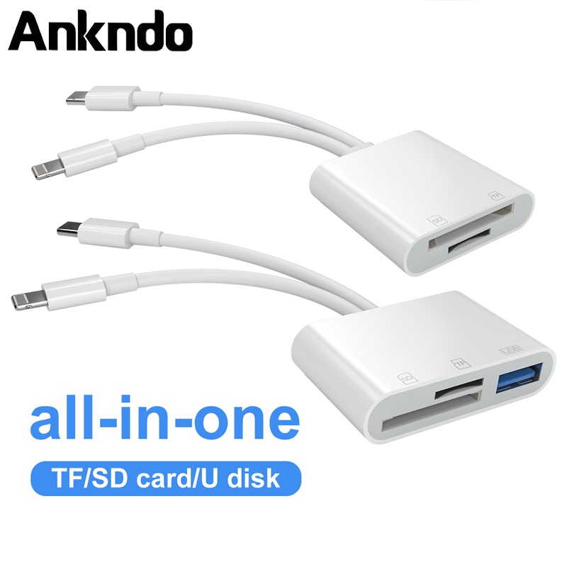 Ankndo 2 In 1 อะแดปเตอร์การ์ดรีดเดอร์ Type C Light/ning to SD TF สําหรับ PC Laptop i/Phone