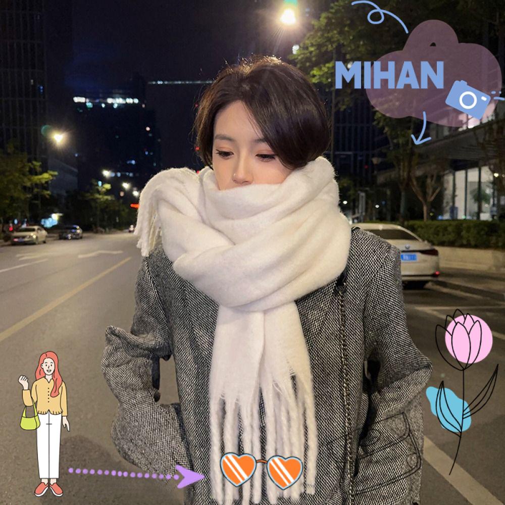 Mh ผ้าคลุมไหล่ ผ้าพันคอ ผ้าแคชเมียร์ ประดับพู่ แบบหนา แบบนิ่ม ให้ความอบอุ่น สีพื้น แฟชั่นฤดูหนาว สําหรับผู้หญิง