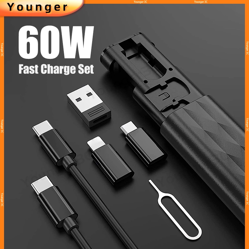 5 In 1 อะแดปเตอร์สายชาร์จ 60W ชาร์จเร็ว พร้อมหมุดถอดการ์ด สําหรับ ios Type C Android