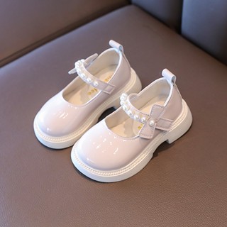 รองเท้าหนังนิ่ม ส้นแบน ประดับโบว์ ไข่มุก แวววาว ใส่สบาย สีพื…