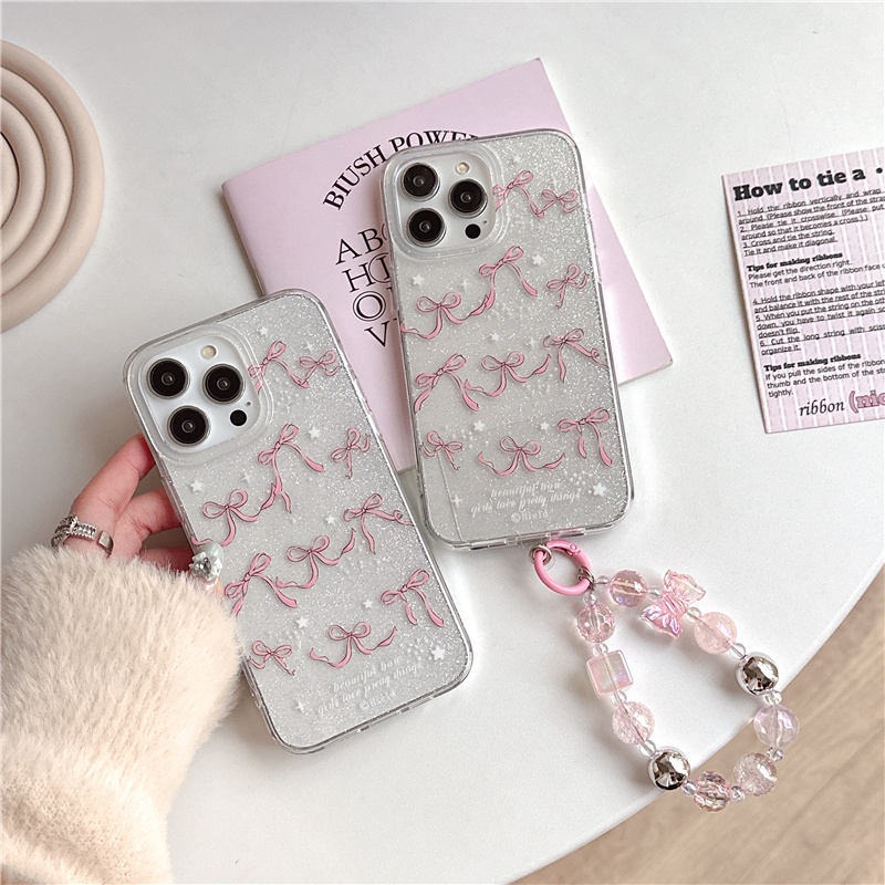 พร้อมสร้อยข้อมือglitter Star BowDouble รูปแบบดาดฟ้าสําหรับ iPhone 15 Pro Max 11 12 13 14 Pro Max 15 Plus การ์ตูนกันกระแทกโทรศัพท์ปกอ่อนแฟชั่นปลอก